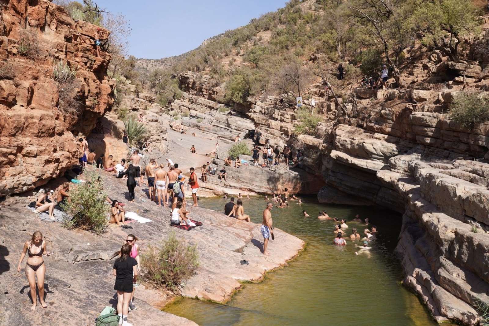 Visitantes nadando y tomando el sol en las rocas rojas alrededor de las piscinas de Paradise Valley