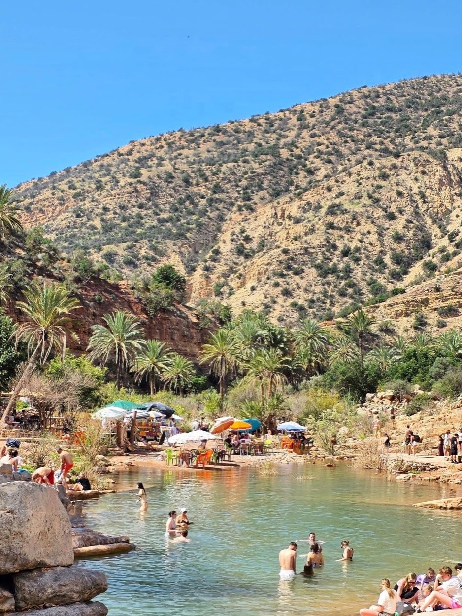 Gente nadando en una piscina natural de Paradise Valley, con palmeras y la montaña detrás