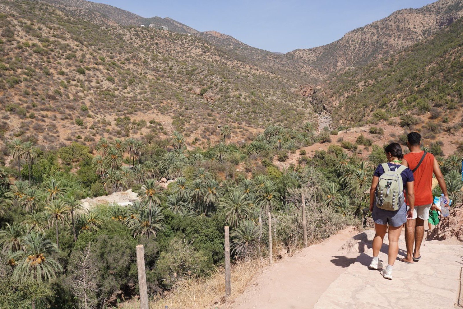 Dos visitantes bajando el sendero hacia el palmeral de Paradise Valley