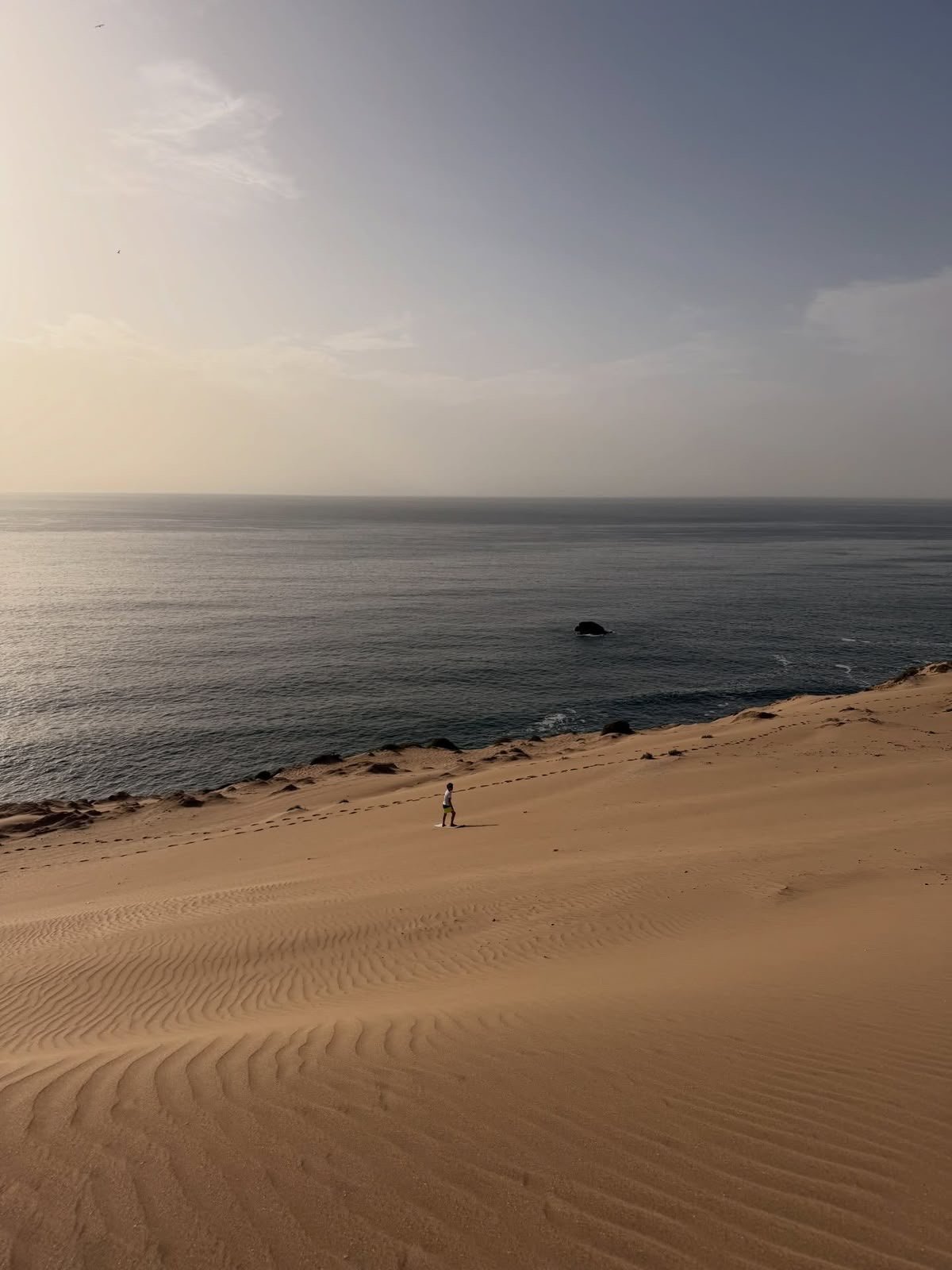 Person walking on a big sand dune above the ocean